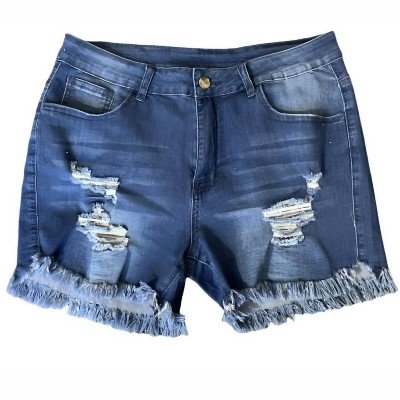Women's Distressed Mid-Rise Dark Wash Denim Shorts - Shirley Stone