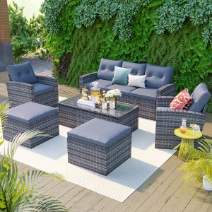 SKRAN 6 Piece Outdoor All-Weather PE Rattan Wicker Sectional Patio Sofa Set with coffee table, wicker sofas, ottomans, removable cushions,Gray - 1 of 4