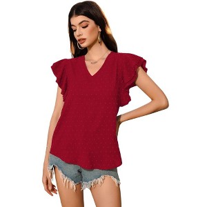 Women Tops for Summer Fashion Trendy Cap Sleeve V Neck Swiss Dot Chiffon Blouse Flowy Loose Fitting Teen T-Shirt - 1 of 4