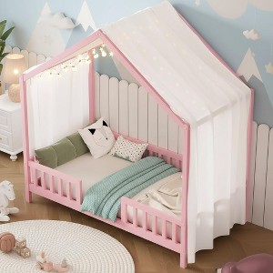 Merax Montessori Floor Bed with Canopy and Full Safety Railings - 1 of 4