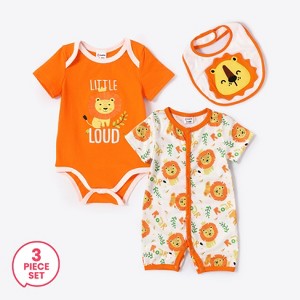 PATPAT  3 Pieces Lion Print Baby Set'Little Loud' Onesie Romper Jumpsuits & Bib Baby Gifts - 1 of 4