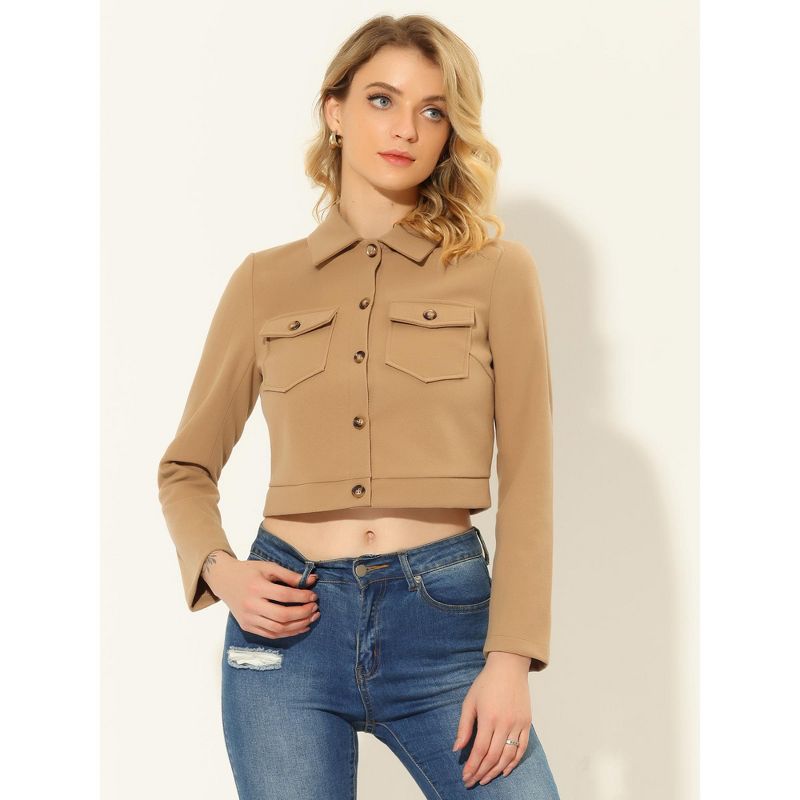 Allegra K Women's Button Front Long Sleeve Crop Shirt Jackets with Pockets, 2 of 6