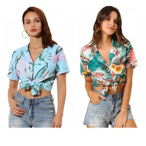 Allegra K Women's Hawaiian Floral Leaves Printed Short Sleeve Button Down Vintage Shirt 2 Pcs - 1 of 4