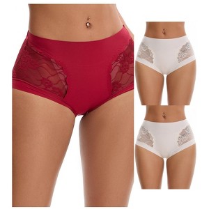 INSPIRE CHIC 3 Packs Women's High Waisted Lace Breathable Full Coverage Tummy Control Briefs Panties - 1 of 4