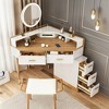 POVISON Corner Makeup Vanity With Lights, Vanity Desk with 5 Drawers, Piano Finish, Solid Wood Legs, Stool, Light Walnut, 29.5'' - 2 of 4