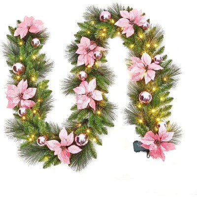 Pre-Lit Frosted Christmas Wreath Set of 6, Christmas Decoration with Pine Cones, Holly Berries