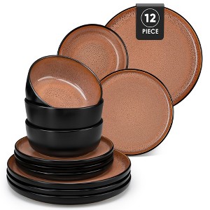 vancasso 12-Piece Black Matte Exterior Red Kiln-Glazed Set - Bold Ceramic Plates & Bowls for 4 - 1 of 4