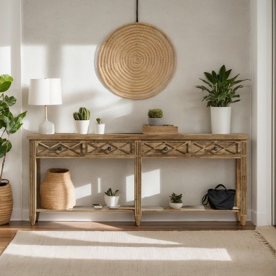 Hommoo 4-Drawer Farmhouse Console Table with Bottom Storage Brown