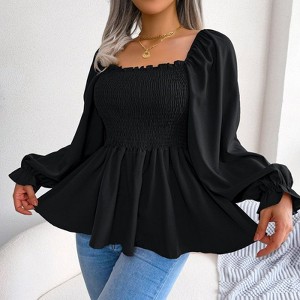 Coolmee Women Casual Square Neck Shirred Lantern Long Sleeve Frill Trim Flared Hem Blouse Shirt Tops - 1 of 4