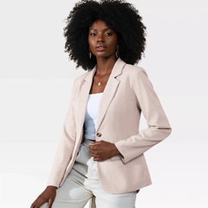 Women's Blazers Cinched Waist Lapel Blazer Jackets Long Sleeve Linen-Texture Dressy Blazer Faux Flap Pockets Formal One Button Suits - 1 of 4