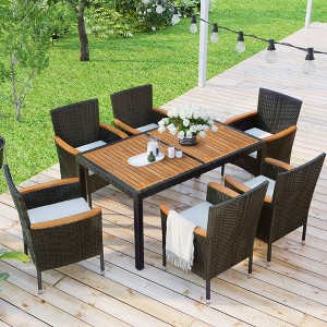 CAVINAS Kitchen Table Chairs Set of 7 Rattan Outdoor Table and Chairs Acacia Tabletop Outdoor Table Set with 6 Chairs for The Garden, Brown - 1 of 4