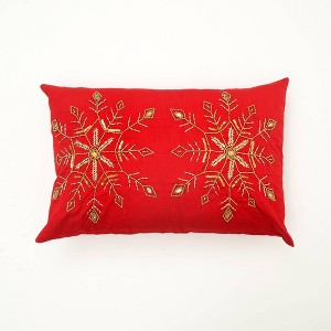 TopComfy Support Pillow Snowflake Beadwork and Christmas Embroidery Lumbar Pillow for Holiday Decor, Red, 24"*16"*2" - 1 of 4
