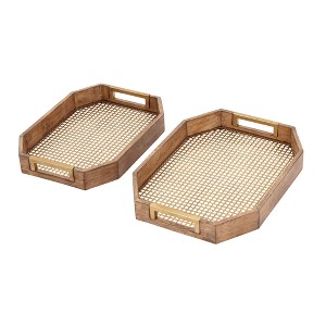 Set of 2 Traditional Octagon Wood and Metal Serving Trays Brown - Olivia & May: Iron Mesh Design, Indoor Use - 1 of 4