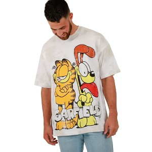 Garfield Odie & Garfield Logo Crew Neck Short Sleeve Oversized Drop Shoulder White & Brown Wash Men's T-shirt - 1 of 4
