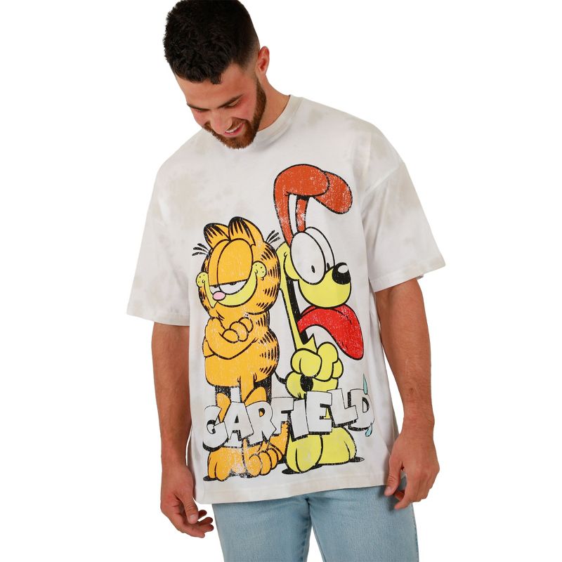 Garfield Odie & Garfield Logo Crew Neck Short Sleeve Oversized Drop Shoulder White & Brown Wash Men's T-shirt, 1 of 5