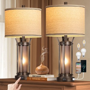 ROTTOGOON Farmhouse Table Lamps with USB A+C Charging Ports, Frosted Glass Lamp for Bedroom Living Room Entryway, Bulbs Included, Bronze - 1 of 4