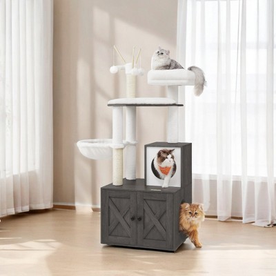 Modern Cat Tree with Litter Box Enclosure - 2-in-1 Cat Tower, 55.1-Inch Cat Condo with Scratching Posts, Removable Pompom Sticks