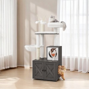 Modern Cat Tree with Litter Box Enclosure - 2-in-1 Cat Tower, 55.1-Inch Cat Condo with Scratching Posts, Removable Pompom Sticks - 1 of 4