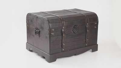 Antique Style Black Wooden Steamer Trunk Coffee Table with Leather Trimmings