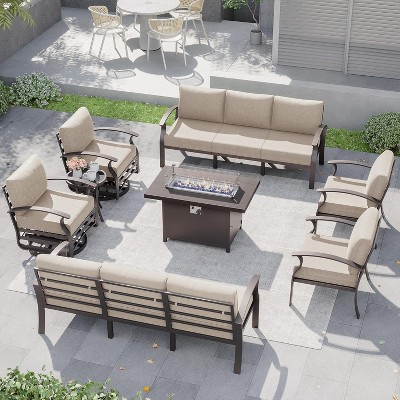 ALAULM Aluminum Patio Furniture Set Modern Metal Outdoor Conversation Sets w/45in Propane Fire Pit Table, Swivel Rocking Chairs w/5.1 Inch Cushion