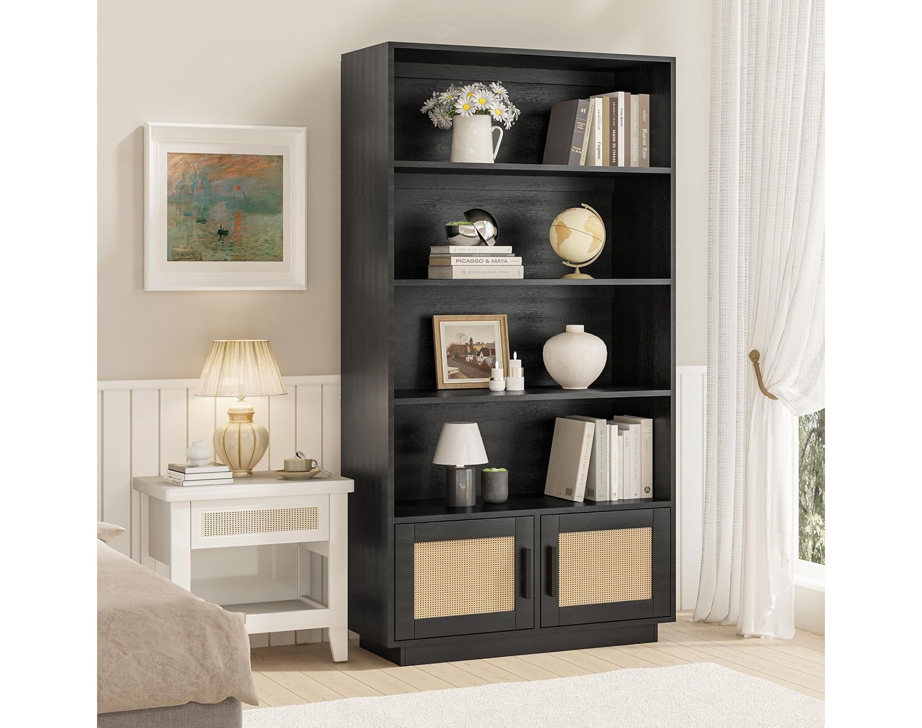 Acekool 5-Tier Boho Bookshelf with Rattan Doors, Tall Wooden Bookcase with Storage, Book Stand for Living Room, Bedroom, Office, Kitchen