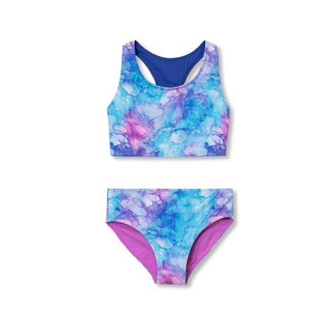 Lands' End Kids Chlorine Resistant Reversible Sporty Bikini Swimsuit Set - X-Large - Watercolor Pebbles/Orchid