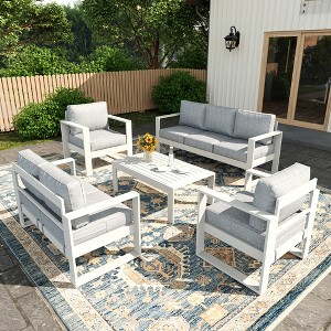 LayinSun 5 Pieces Aluminum Outdoor Patio Furniture Set, Metal Modern Conversation Sofa Set with Coffee Table and Washable Thick Cushions - 1 of 4