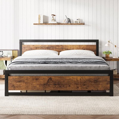 Garvee Marco Cama Queen/King - Cabecera Madera/Base Metal, Plataforma Industrial, Sin Somier, Fácil Montaje Sin Ruido, Color café