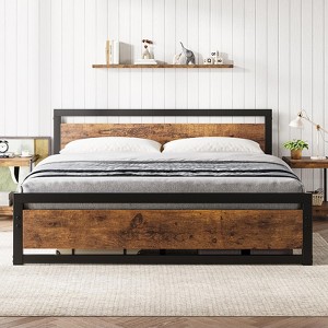 Garvee Marco Cama Queen/King - Cabecera Madera/Base Metal, Plataforma Industrial, Sin Somier, Fácil Montaje Sin Ruido, Color café - 1 of 4