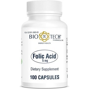 Bio-Tech Pharmacal Folic Acid Supplement – 5 mg, 100 Capsules – Supports Cell Growth & Healthy Pregnancy - 1 of 4