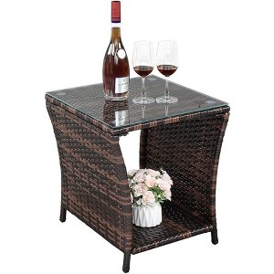 VINGLI Outdoor Wicker Side Table Patio Side Tables for Outside, Tempered Glass Top Wicker Table with Storage End Table for Balcony Porch Deck - 1 of 4
