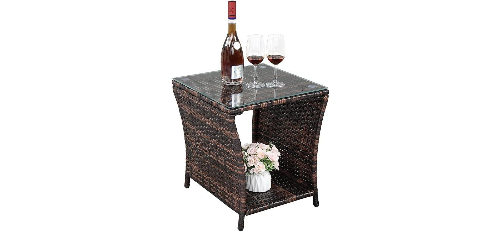 VINGLI Outdoor Wicker Side Table Patio Side Tables for Outside, Tempered Glass Top Wicker Table with Storage End Table for Balcony Porch Deck