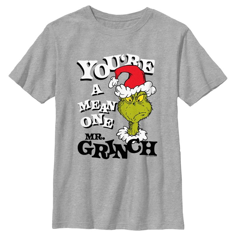 Boy's Dr. Seuss Christmas The Grinch You're a Mean One Portrait T-Shirt, 1 of 6