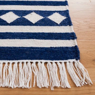 Ivory and Navy Geometric Handwoven Kilim Area Rug
