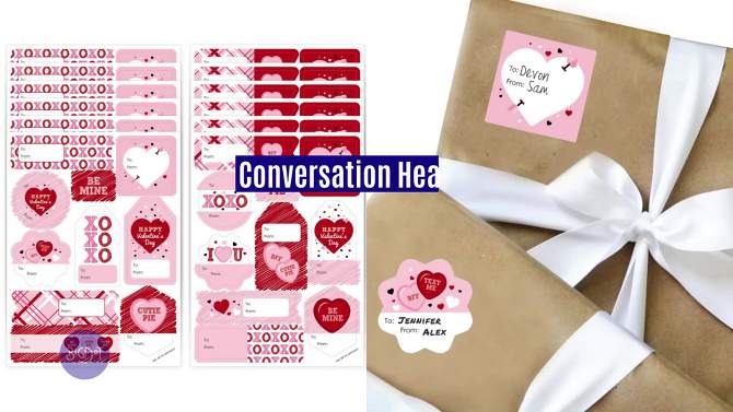 Big Dot of Happiness Conversation Hearts - Assorted Valentine’s Day Party Gift Tag Labels - To and From Stickers - 12 Sheets - 120 Stickers, 2 of 10, play video