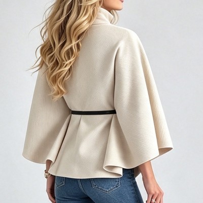Женские куртки YesFashion Women's Stand Collar Cape Coat, Wide Bell Sleeve Short Wrap Jacket with Belt, Elegant Loose Fall Outerwear Beige S — фото 3