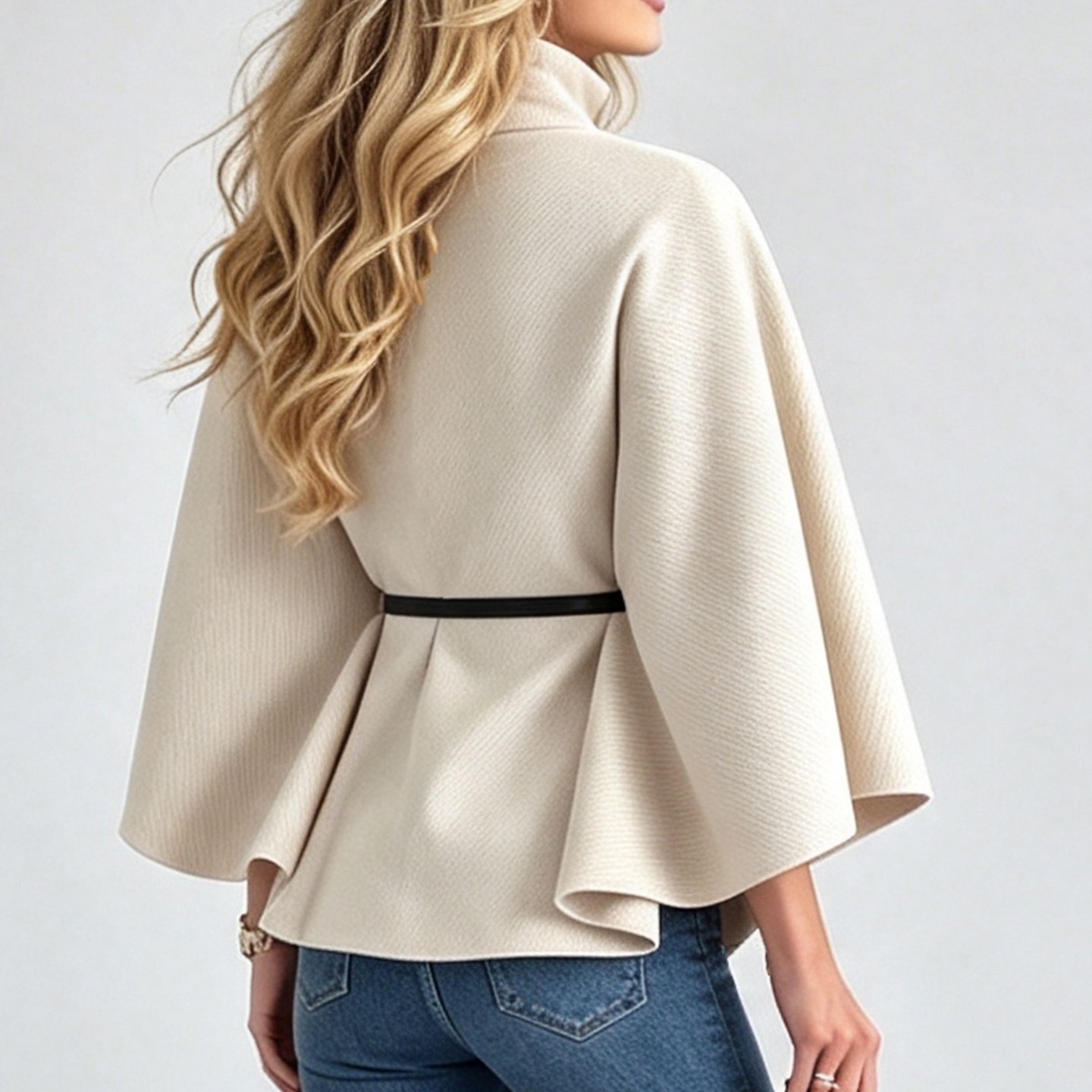 Женское пальто YesFashion Stand Collar Cape Coat, Wide Bell Sleeve Short Wrap Jacket with Belt, Elegant Loose Fall Outerwear Beige, цвет: Бежевый — фото 3