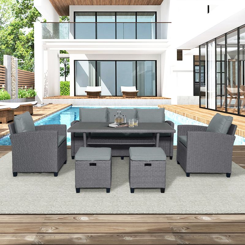 6 PCS Patio Outdoor Rattan Round Sofa Conversation Set with Table, Gray-ModernLuxe, 2 of 15
