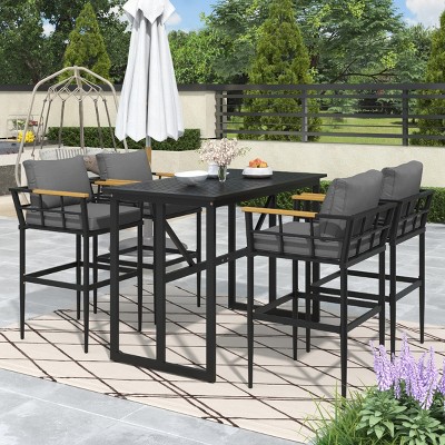 5-Piece Outdoor Dining Set, High Seat Dining Armrest Chair with Iron Table, Dining Chairs with Iron Frame and Foam Cushions-Coolbibila