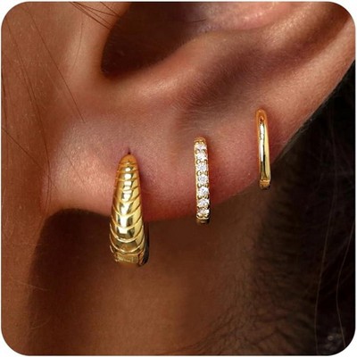 Small Sterling Silver Huggie Hoop Earrings Set for Women, 14K Gold Plated Hoops Stacks for Multiple Piercings