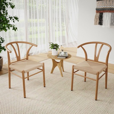 PAGED Dining Chairs Set of 2,Metal Wishbone Kitchen Chairs with Woven Rattan Seat,Chairs for Kitchen,Living Room,Dining Room,Natural