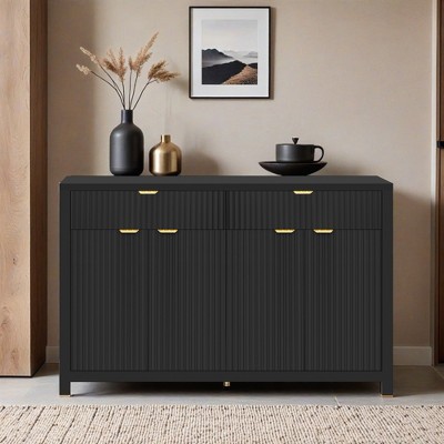 Modern Wave-Pattern Sideboard Cabinet with 2 Drawers and 4 Doors, 3-Level Adjustable Shelves, Aluminum Arc Handles - Leovsnove