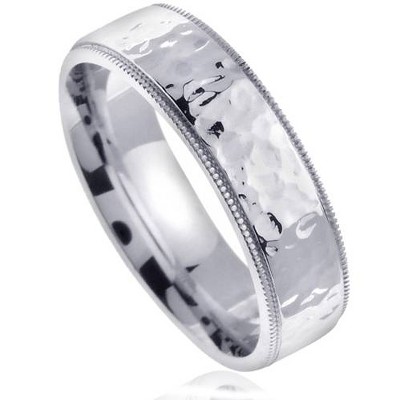 Pompeii3 Polished Hammered Milgrain Edge Mens 6mm 10K White Gold Wedding Band