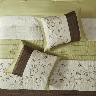 California King Green and Brown 7-Piece Embroidered Comforter Set