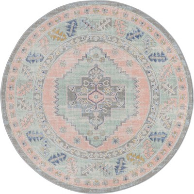 Round Pink and Ivory Synthetic Medallion Kids Rug