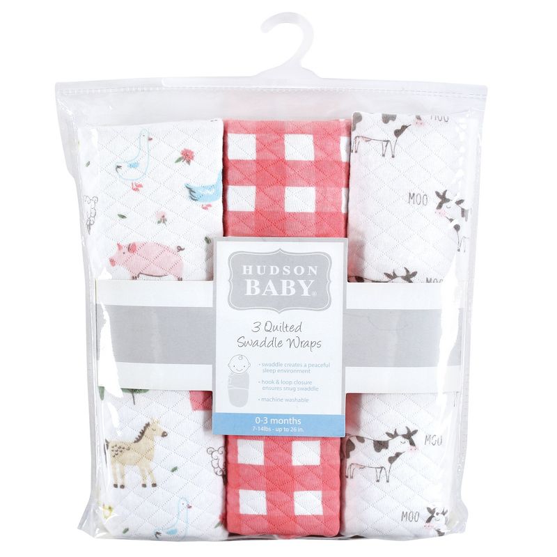 Hudson Baby Infant Girl Quilted Cotton Swaddle Wrap 3pk, Girl Farm Animals, 0-3 Months, 3 of 7