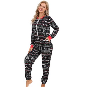 Women's Christmas One Piece Pajamas Printed Long Sleeve Jumpsuit  Reindeer & Snowflake Patterns Xmas Onesie - 1 of 4