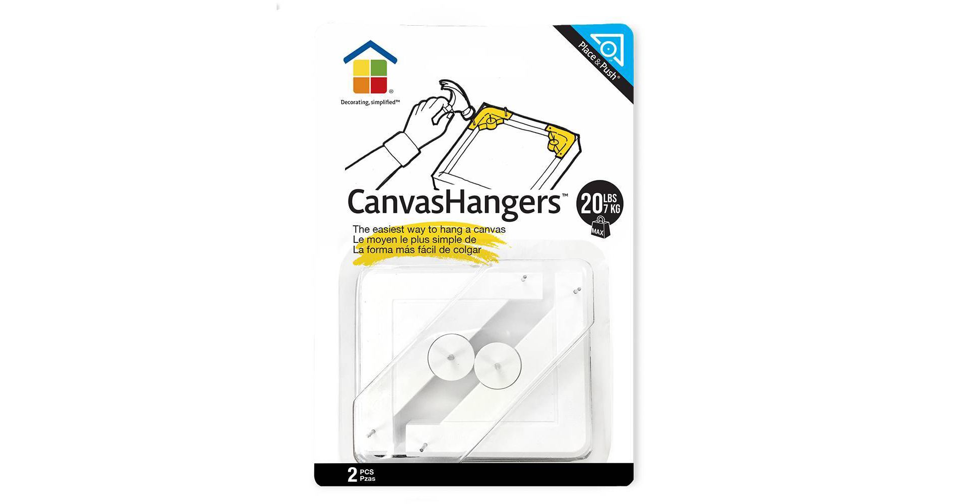 Under the Roof Decorating 20lb Place&Push Canvas Hangers Clear: Metal & Plastic Picture Hooks, Deco Hooks, 2 Pack