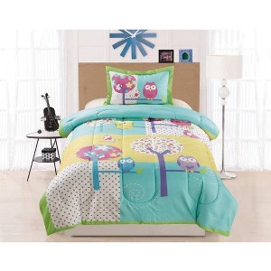 2 PC Yellow, Teal and Purple Multicolor Owl Print Childrens Comforter Set, Twin Size - 1 of 1