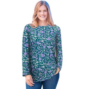 Woman Within Plus Size Perfect Printed Long-Sleeve Crewneck Tee - 1 of 4